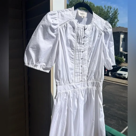 🆕ba&sh Cotton White Mini Dress Smocked Ruffle Hem Summer Casual Boho Chic Size S - Picture 5 of 17